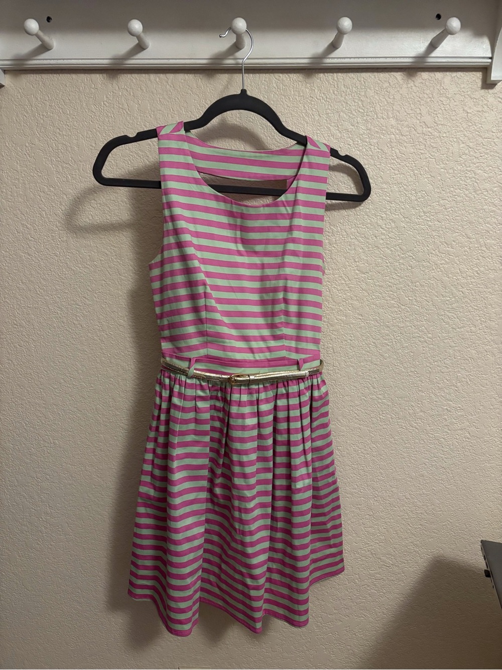 Girls' Pink & Gray Striped Belted Dress